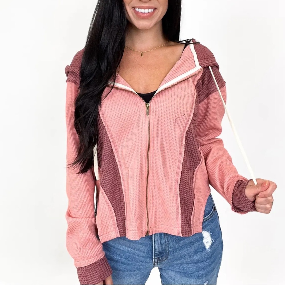 POL Pink and Dusty Rose Waffle-Knit Zip Hoodie